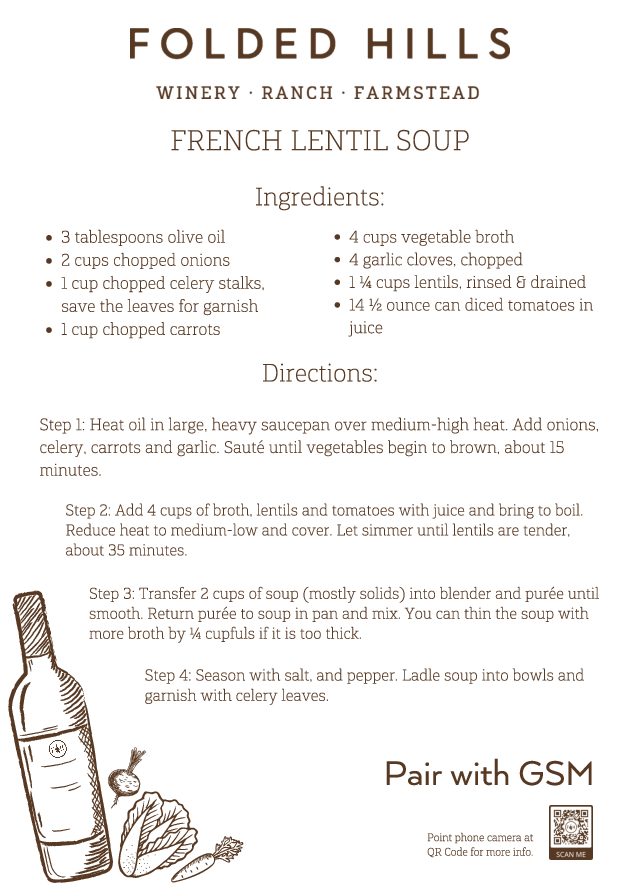 Folded Hills Soups & Slaws Recipes & Wine Pairings - Lentil Soup