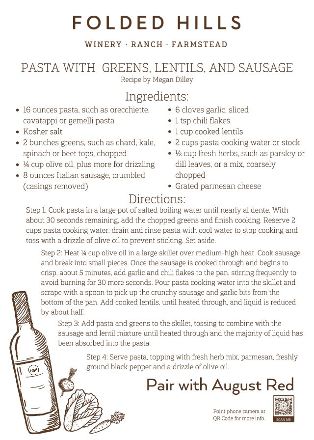 Folded Hills Recipes & Wine Pairings - Pasta with Greens, Lentils, and Sausage