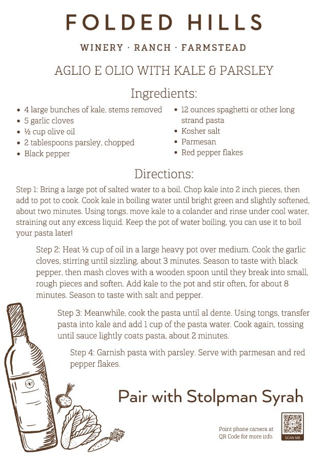 Folded Hills Recipes & Wine Pairings - Folded Hills Aglio e Olio with Kale and Parsley