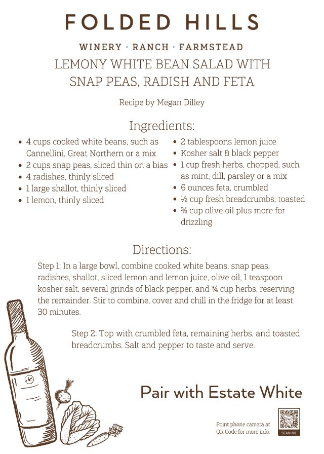 Folded Hills Recipes & Wine Pairings - Lemony White Bean Salad with Snap Peas, Radish and Feta