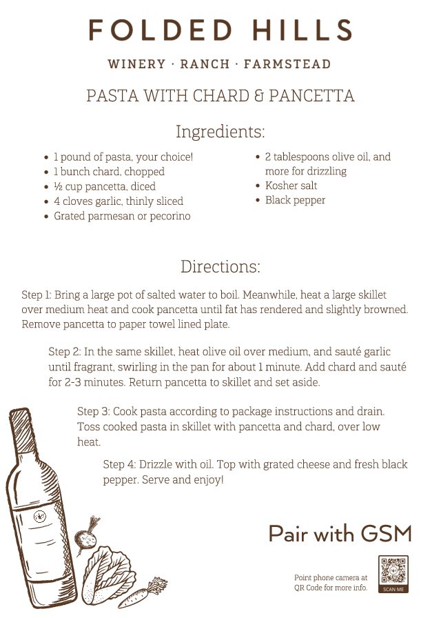 Folded Hills Recipes & Wine Pairings - Pasta with Chard & Pancetta