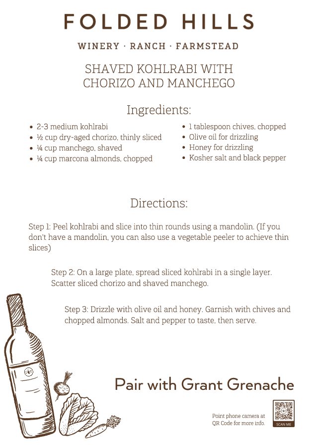 Folded Hills Recipes & Wine Pairings - Shaved Kohlrabi with Chorizo and Manchego
